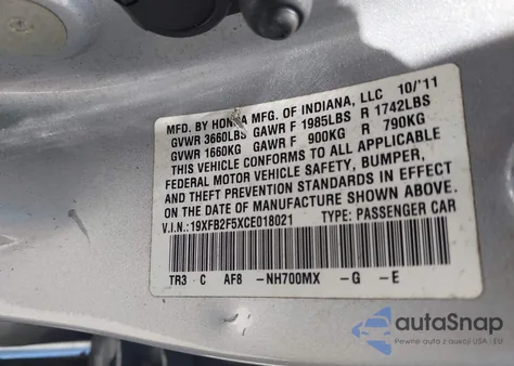 2012 Honda Civic Lx из США, поврежденный, VIN 19XFB2F5XCE018021